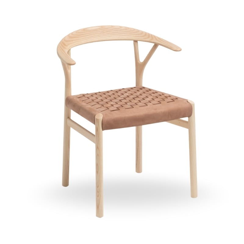 A modern wooden chair with a curved backrest and a woven leather seat, featuring light wood tones.