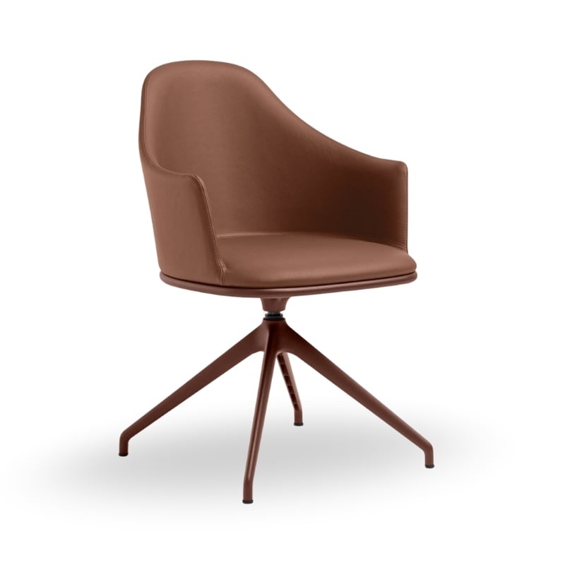 A modern brown upholstered chair with a curved back and armrests, featuring a swivel base with four legs.