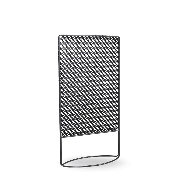A tall, black decorative screen with a geometric pattern, featuring a curved base for support.