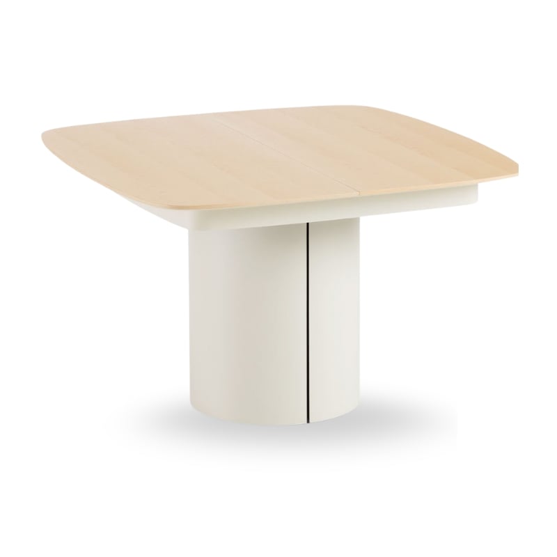A modern square table with a light wood top and a cylindrical white base.