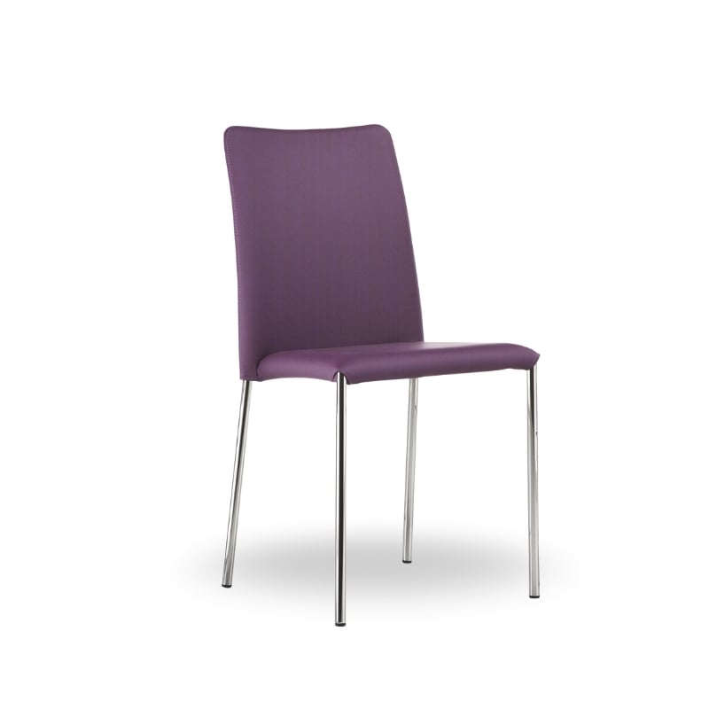 A modern purple chair with a sleek design and chrome legs, set against a white background.