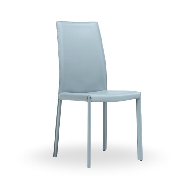 A modern, light blue dining chair with a sleek design and tall backrest, set against a white background.
