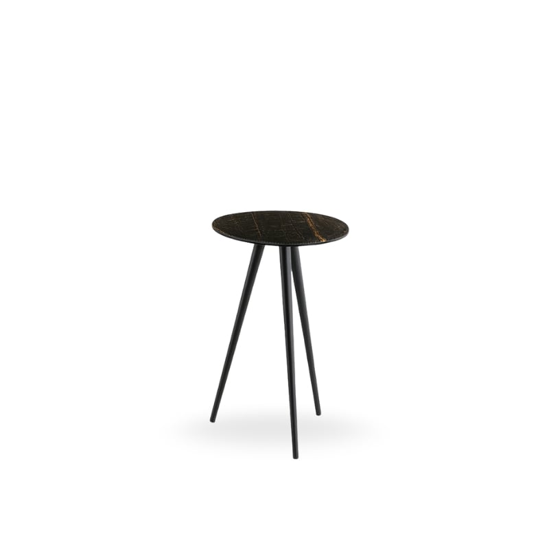 A minimalist black side table with a round top and three slender legs.
