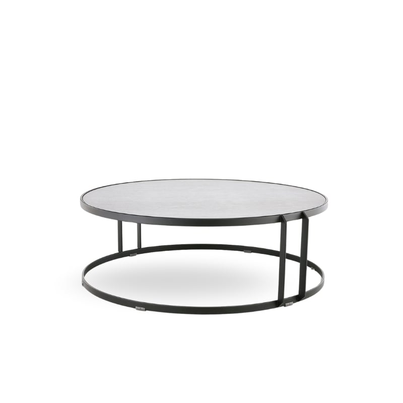 A modern round coffee table with a sleek black metal frame and a light-colored top. Simple and stylish design.