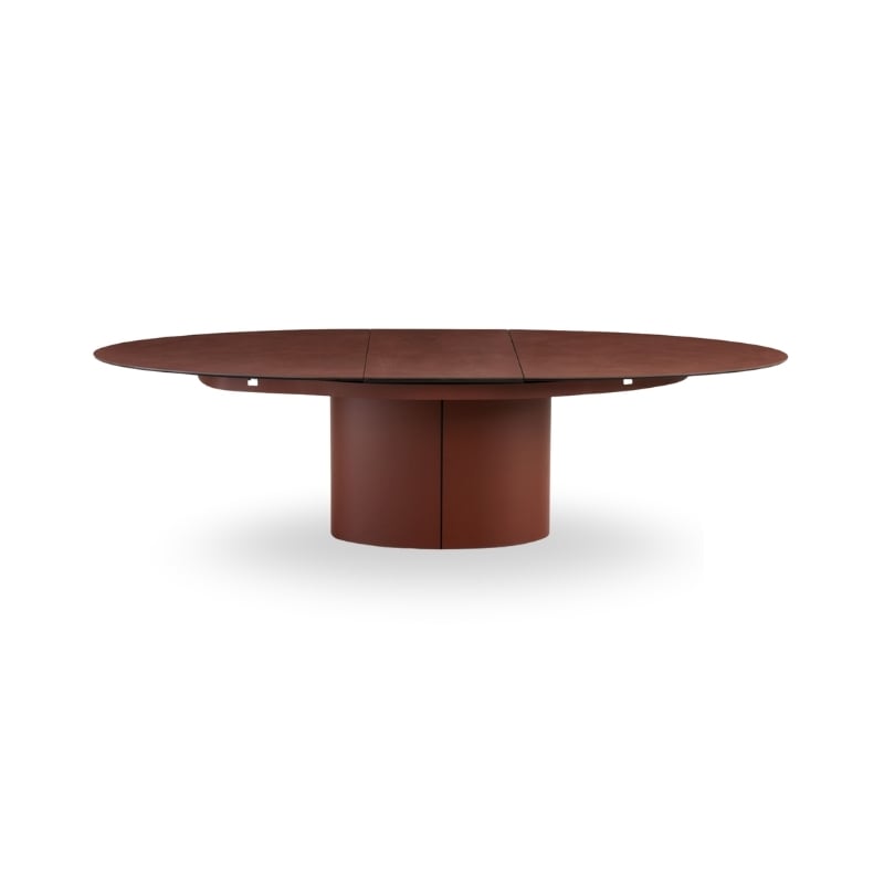 A modern, round dining table with a brown finish and a cylindrical base, featuring a sleek design.