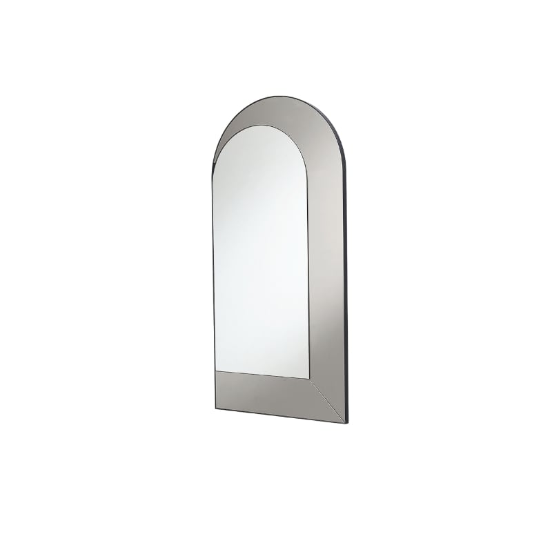A sleek, arched mirror with a minimalist design, featuring a smooth reflective surface and a simple frame.