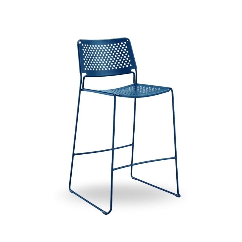 A modern blue metal bar stool with a perforated seat and backrest, featuring a sleek, minimalist design.