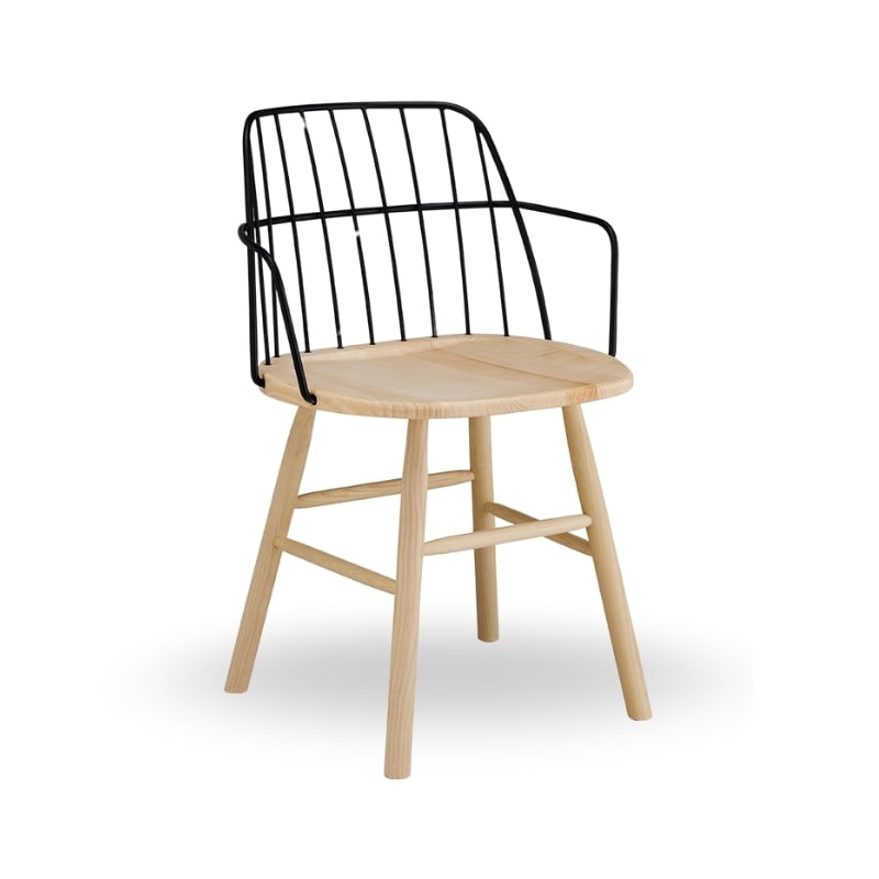 A modern chair featuring a wooden seat and metal backrest with vertical slats, supported by wooden legs.