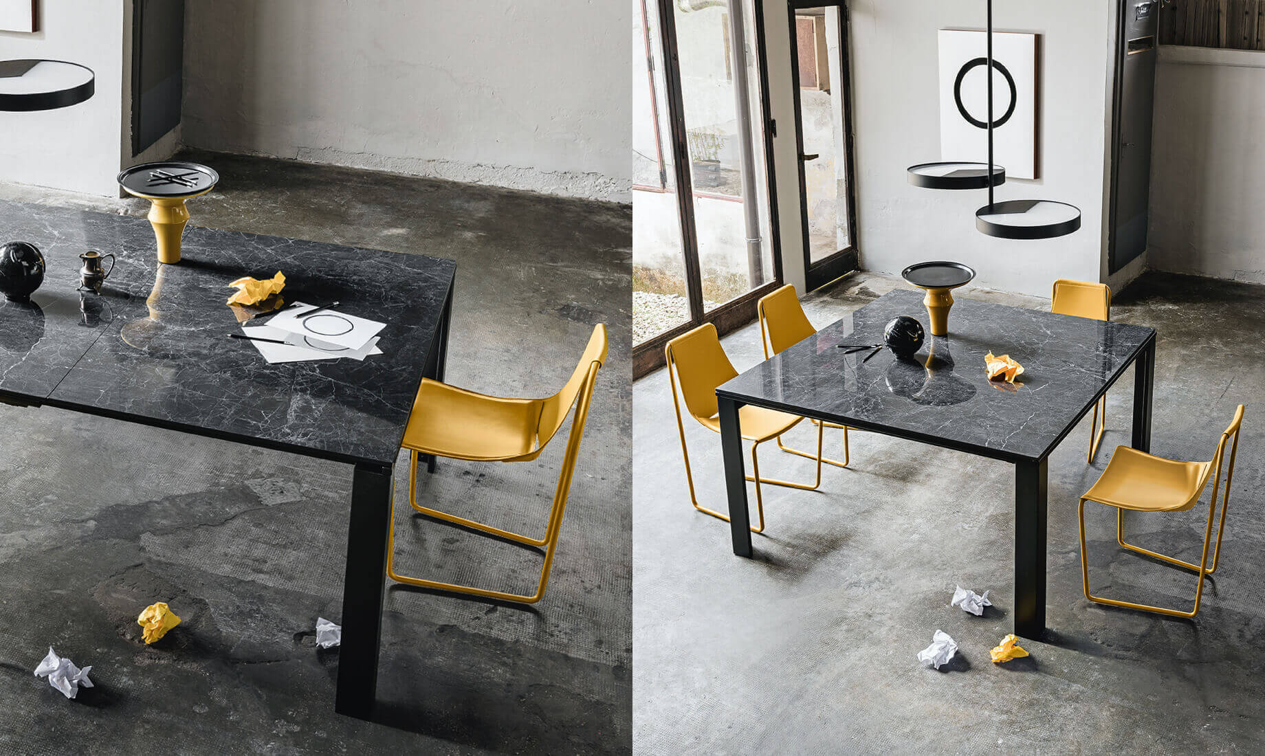 Table marcopolo en marble noir et chaise apelle en cuir jaune