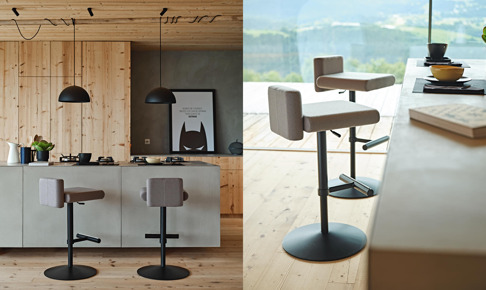 Sgabelli Toy, designer Studio Pastina con lampada a sospensione Charlotte, design Tomas Dalla Torre.