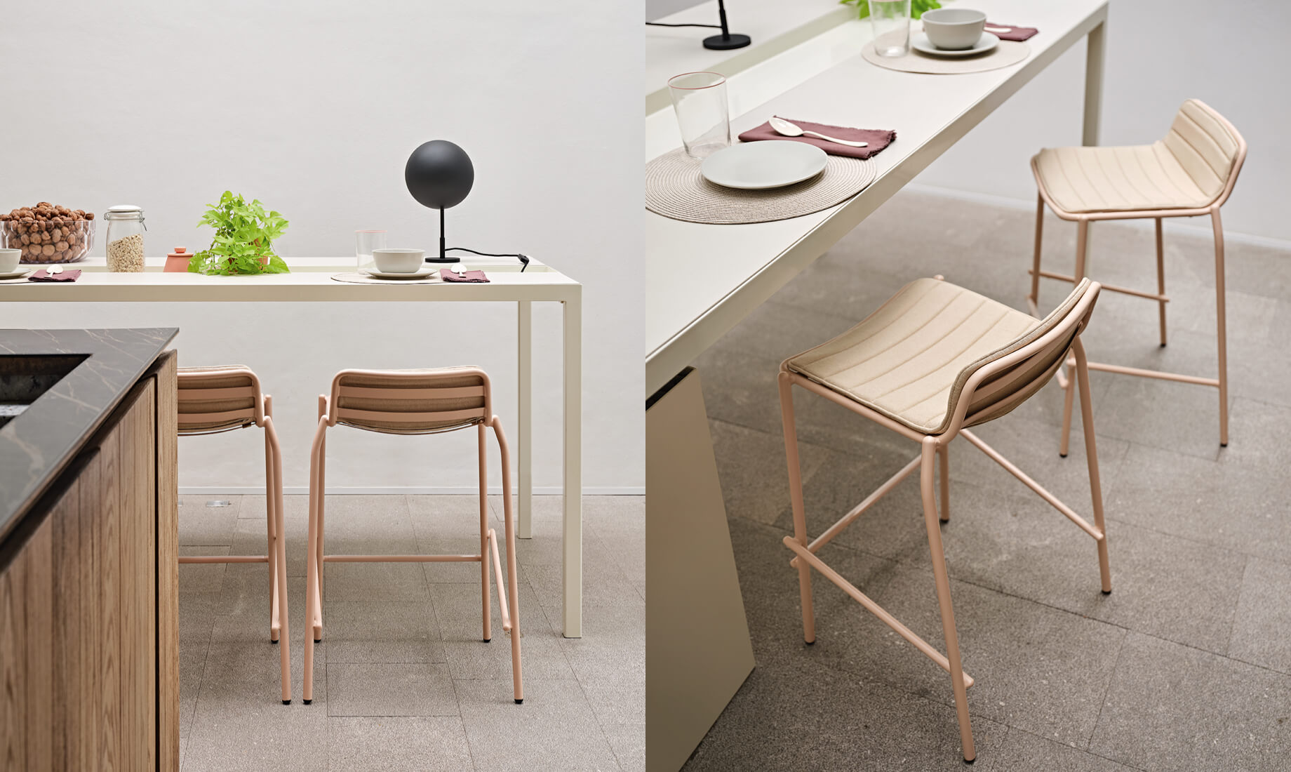Trampoliere stools, design Roberto Paoli with Charlotte table lamp, design Tomas Dalla Torre.
