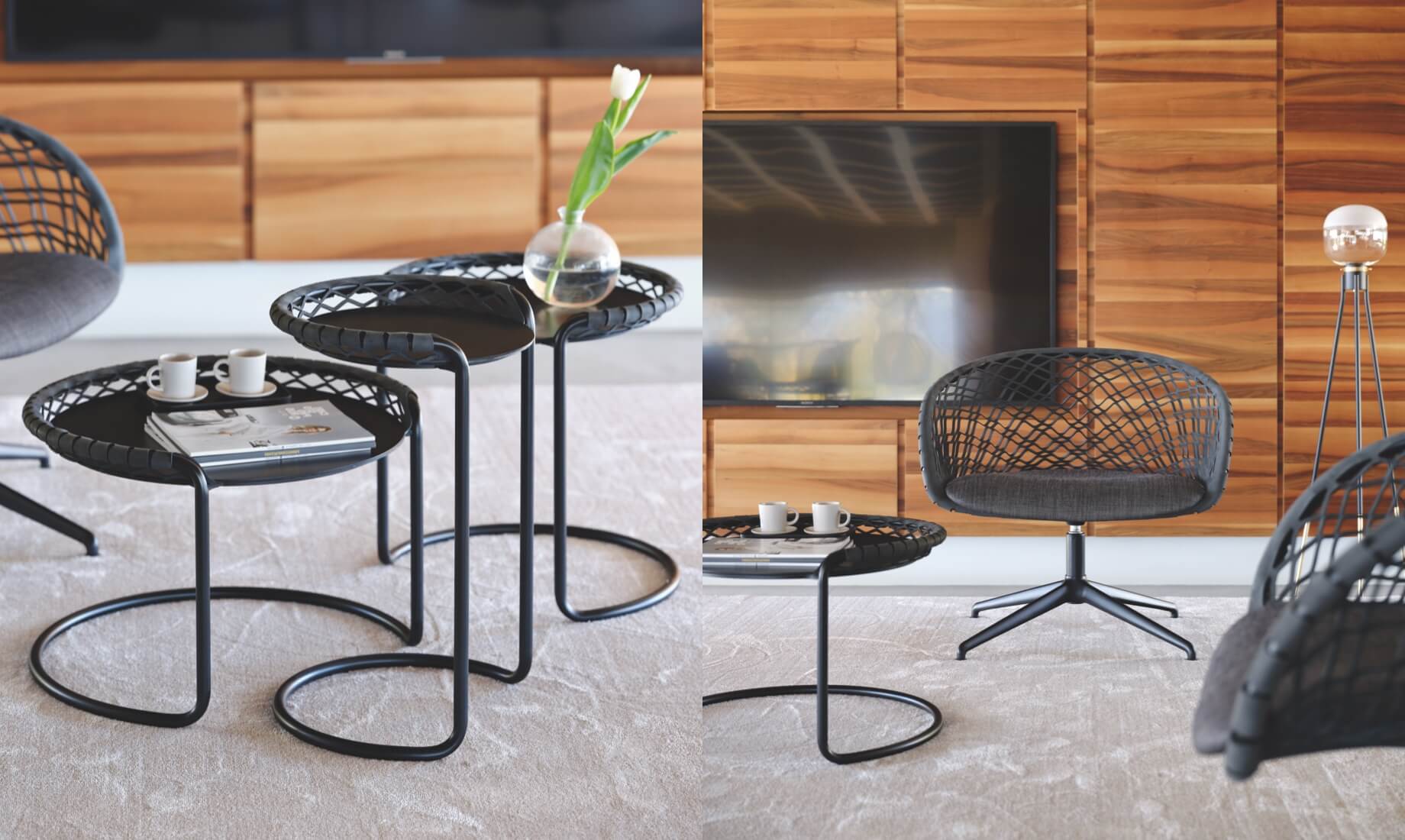 P47 lounge armchair and coffee table, design Franco Poli. Ghost floor lamp design Studio F+B Design.