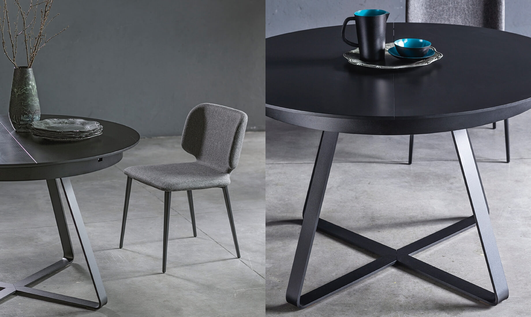 Paul extendable table, with Wrap chair, design Balutto Associati.