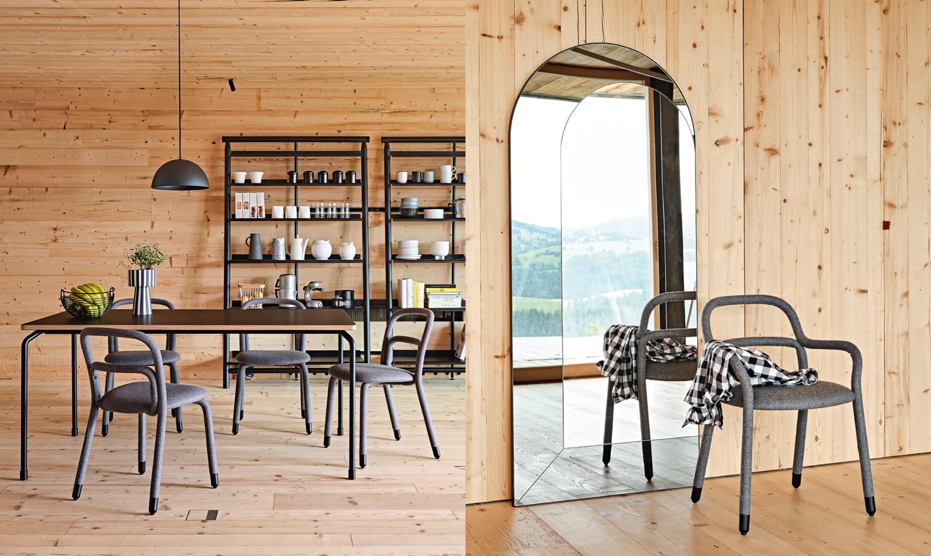 Pippi chairs, design Roberto Paoli. Master table, design Paolo Vernier. Suite bookcase, design AtelierNanni. Peek mirror, design Studio Pastina. Charlotte suspension lamp.