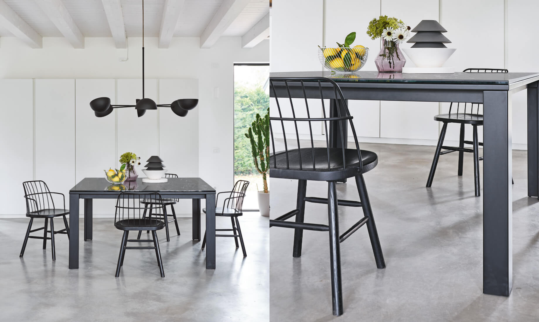 Marcopolo table, design Paolo Vernier, Strike armchair, design AtelierNanni, Charlotte suspension lamp.
