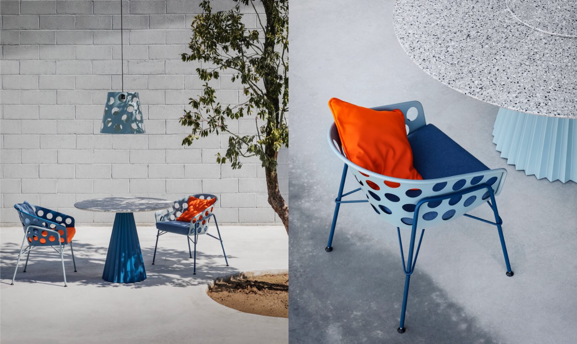 Bolle armchair and suspension lamp, Plissé table, design Paola Navone.