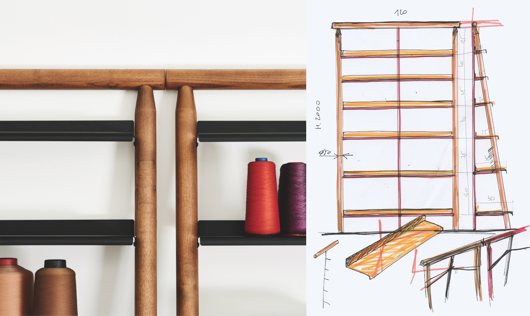 A sinistra un dettaglio della libreria Suite, a destra lo sketch della sua progettazione, design AtelierNanni.