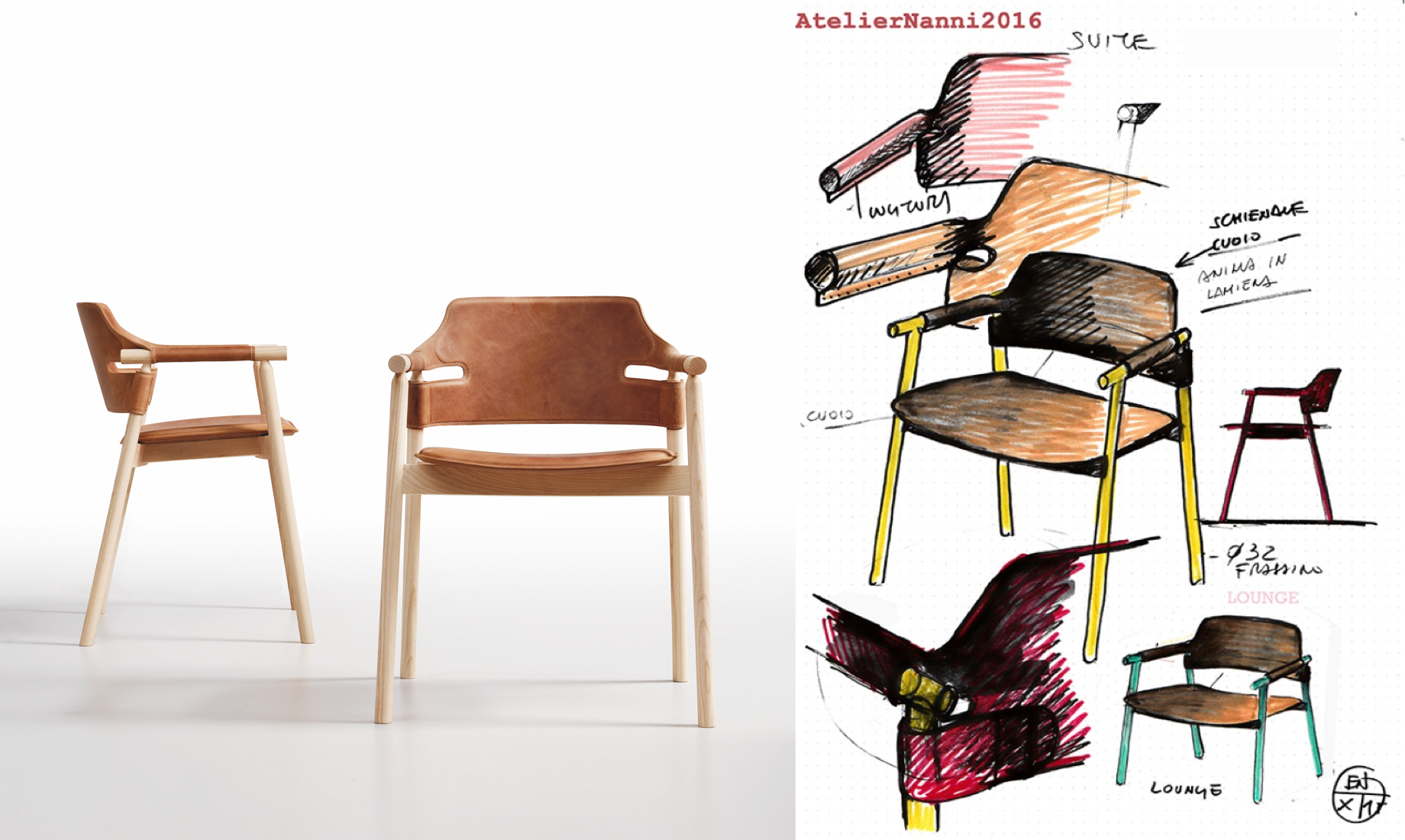 À gauche le fauteuil Suite, à droite l'esquisse de son design, design AtelierNanni.