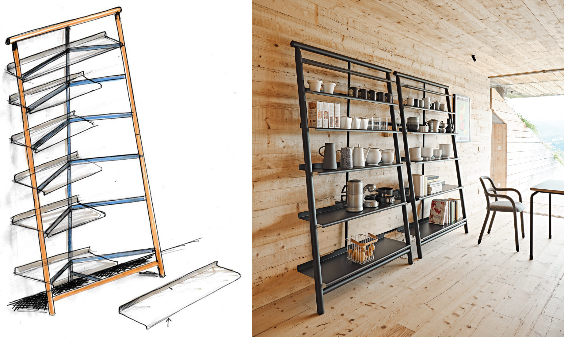 On the left a sketch of the Suite bookcase, on the right the Suite bookcase, design AtelierNanni.