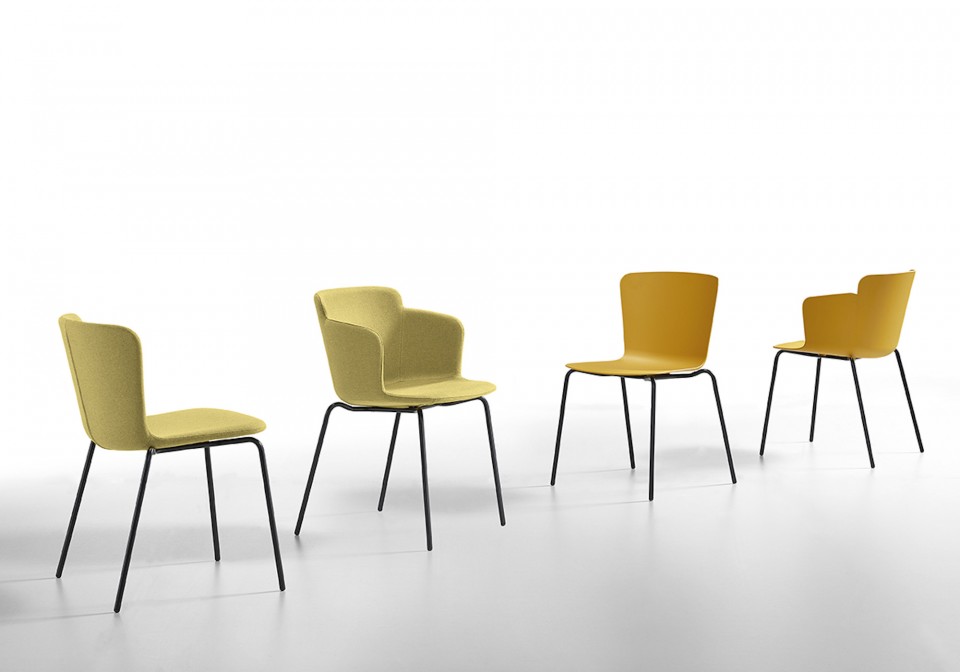 Different versions of the Calla collection: chairs and armchairs with black metal legs and seat in yellow polypropylene or upholstered in yellow fabric
