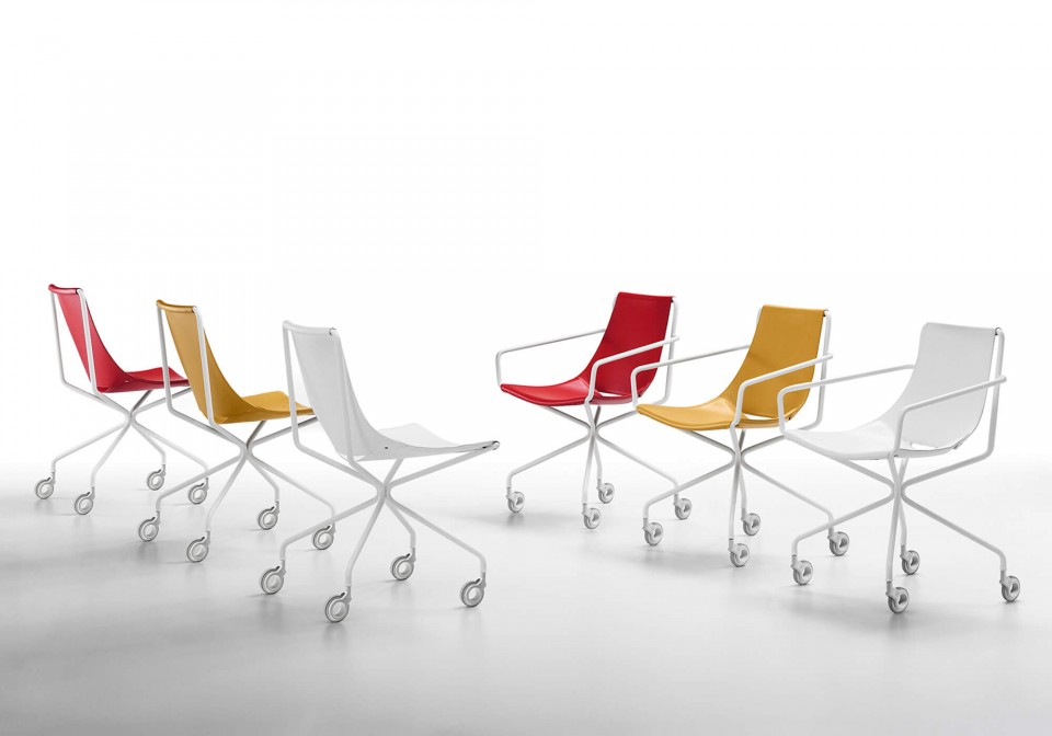Apelle chair with wheels with white metal legs and seat in red, yellow and white hide