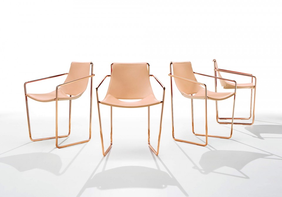 Apelle armchair with facepowder pink hide seat and rose gold legs
