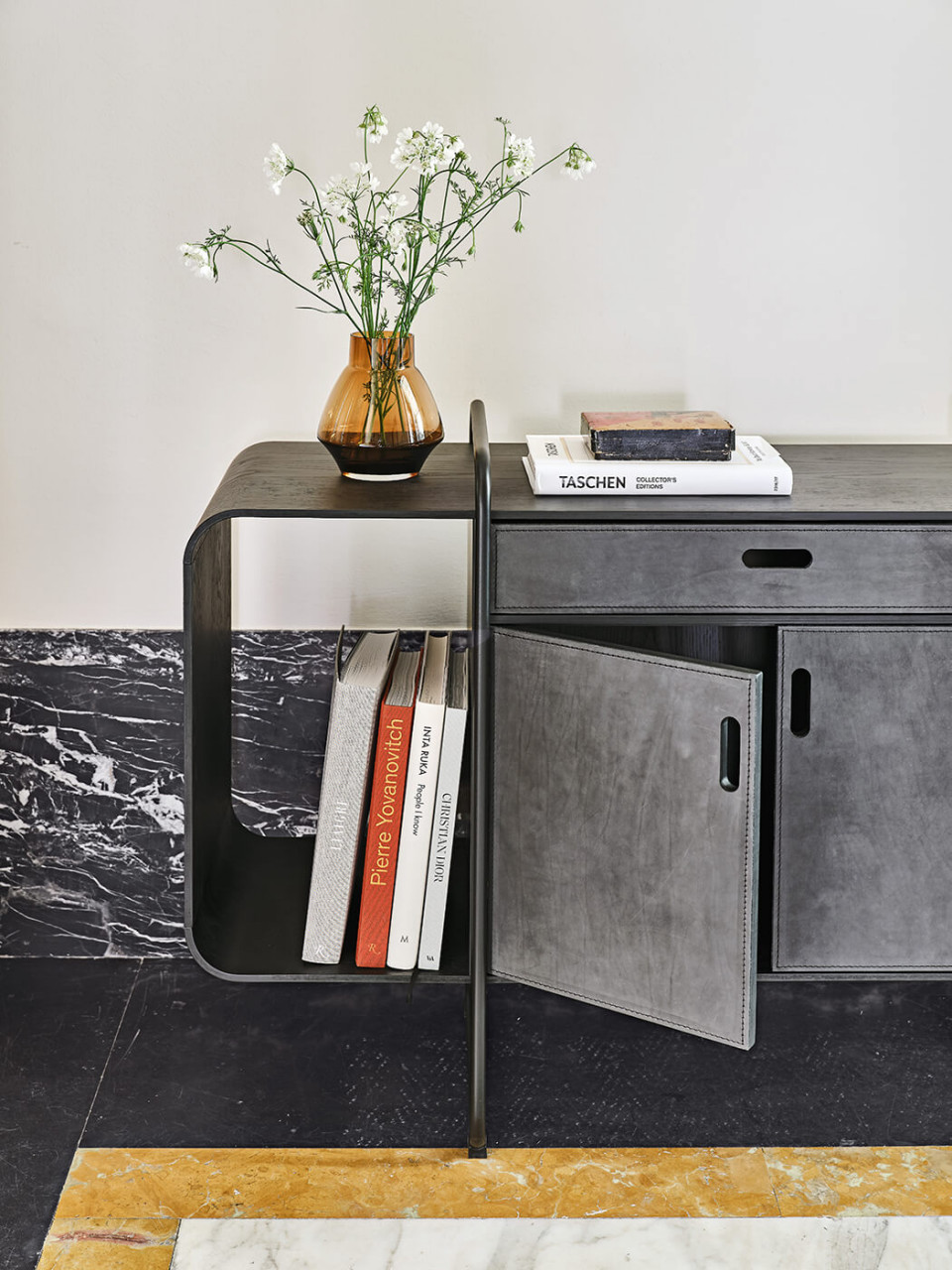 Apelle sideboard in black hide and wood designed by MIDJ