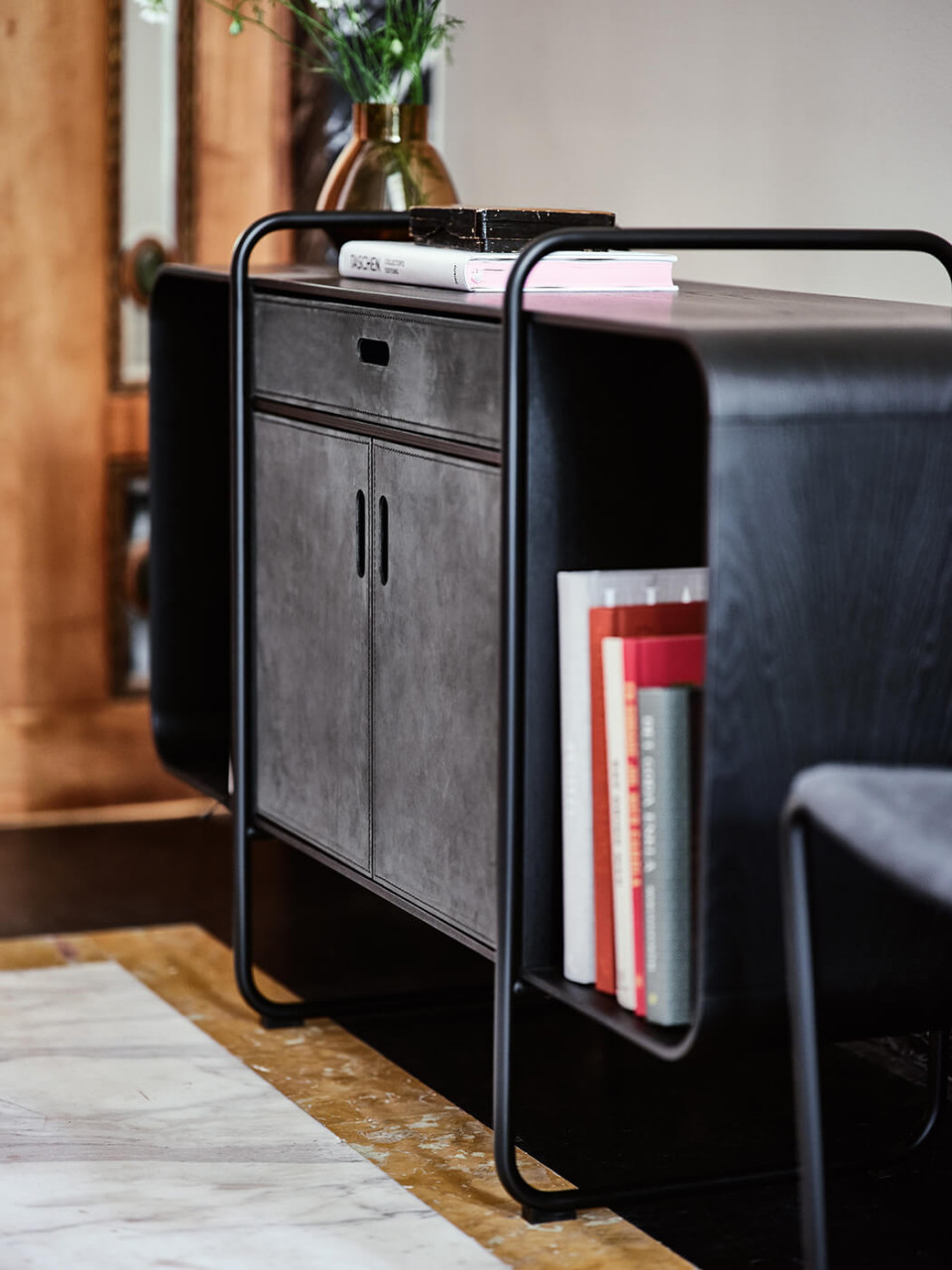 Apelle sideboard in black hide and wood designed by MIDJ