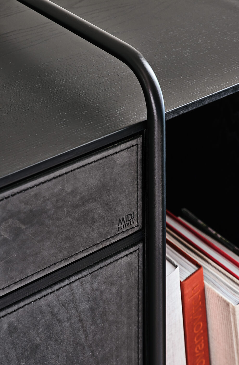 Apelle sideboard in black hide and wood designed by MIDJ