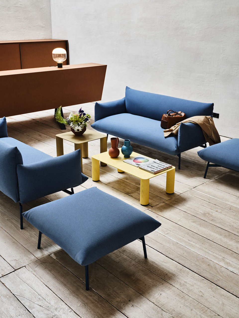 Area two-seat sofa in blue fabric