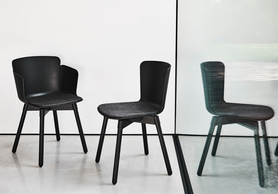 Calla design armchair with wooden frame and black polypropylene seat
