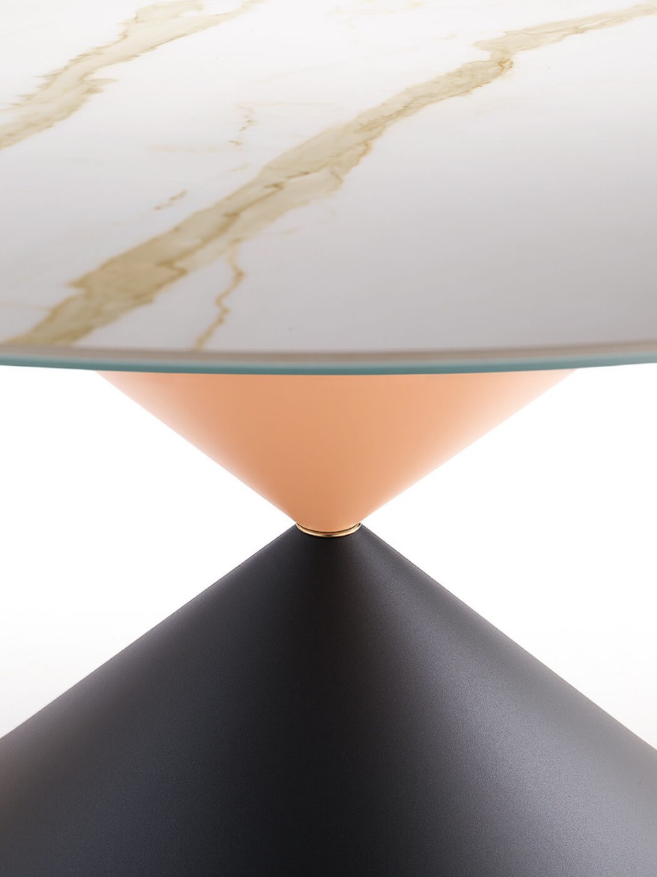 Table ronde Clessidra de 150 cm de diamètre avec base en métal en graphite et finition rose avec insert métallique en finition or rose, plateau en cristalcéramique