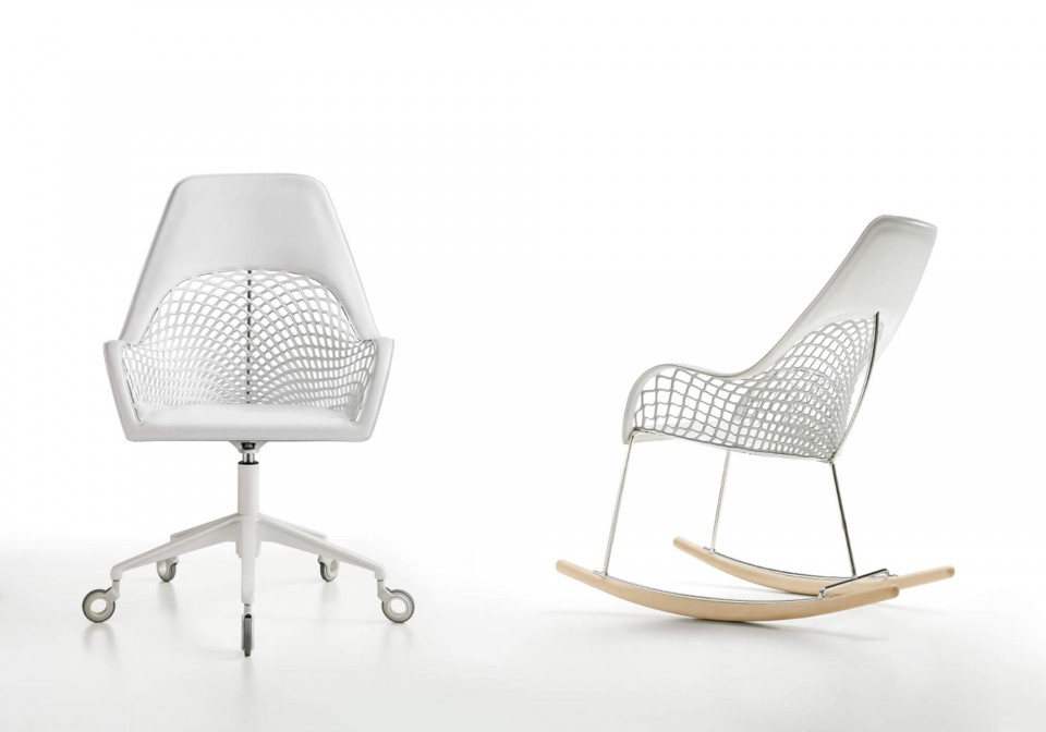 Guapa rocking chair with high back in white hide and metal structure