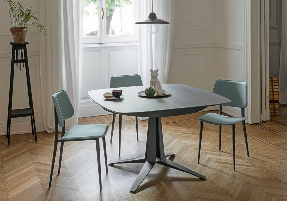 Joe table chair with blue hide seat and metal base