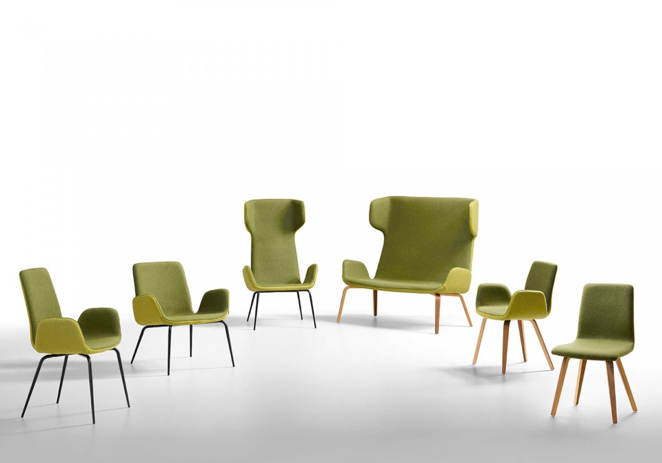 Light waiting room armchair with metal seat and green fabric seat. Optional back in chairo green