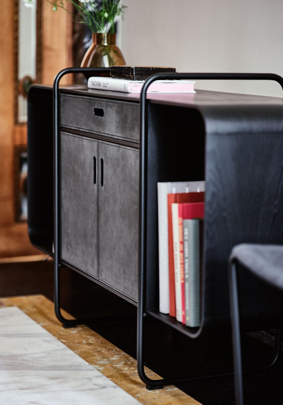 Apelle sideboard in black hide and wood designed by MIDJ