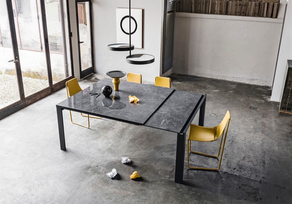 Marcopolo extendable square table with four-leg base in black metal, top and extensions in crystalceramic with black Greek marble effect