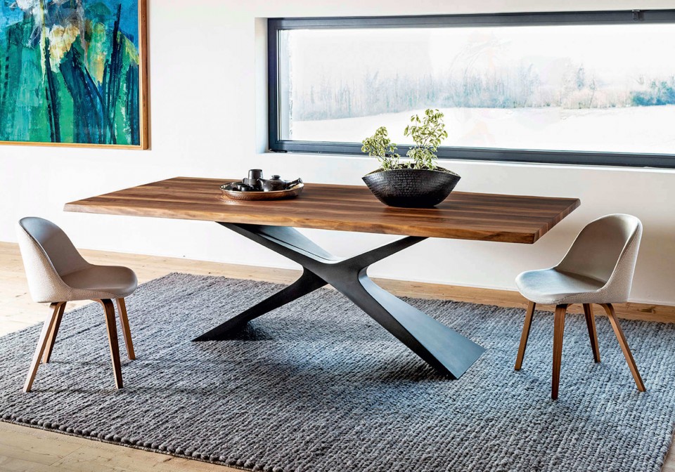 Nexus table with baydur base and solid walnut top with bark border
