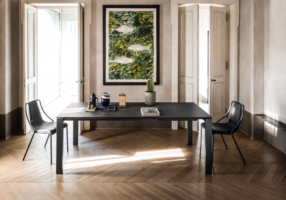 Ola table chair with metal base and black fabric seat