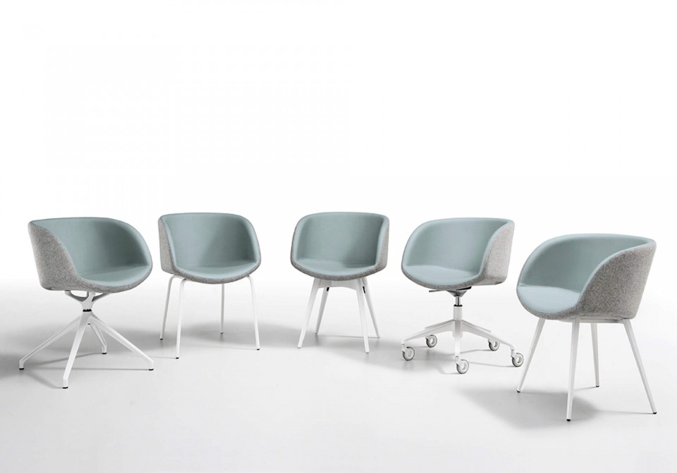 Sonny chair with armrests with seat in light blue leather and back shell in gray fabric. The base is in painted wood