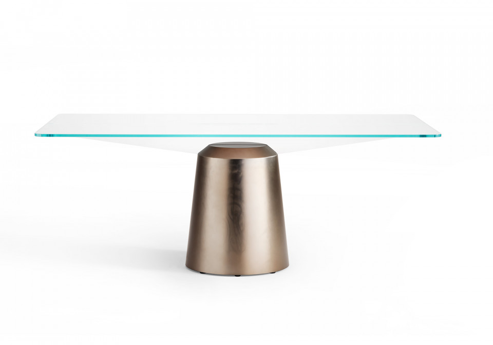 Table Spike avec plateau en verre transparent, design Giulio Iacchetti