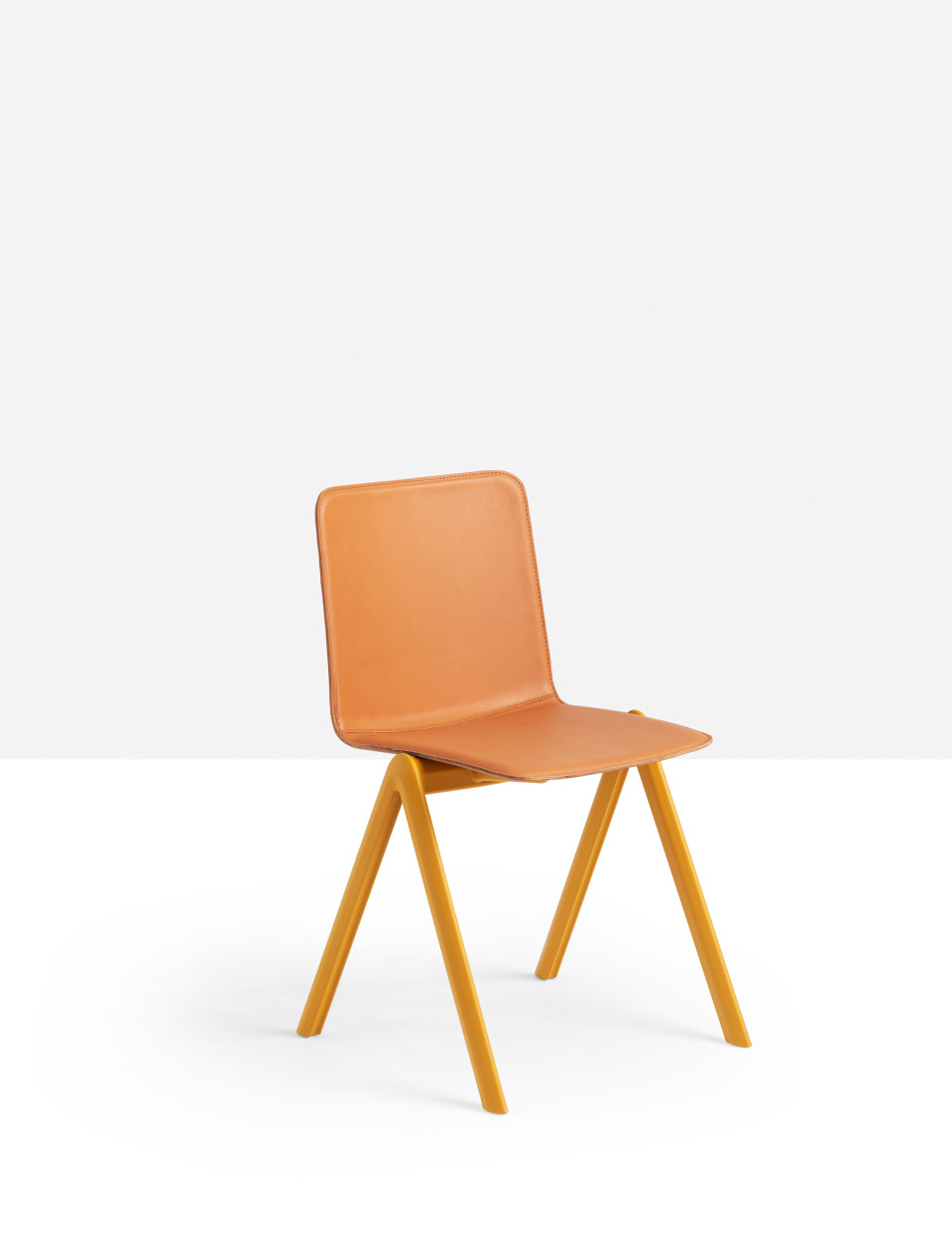 Stack stackable chair with four-legs base in polypropylene with shell upholstered in hide MIDJ