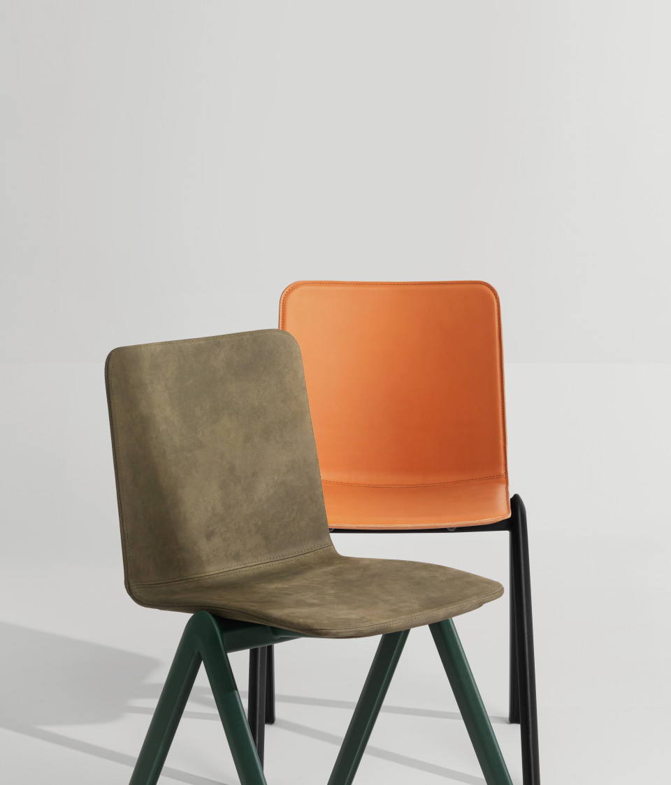 Stack stackable chair with four-legs base in polypropylene with shell upholstered in hide MIDJ