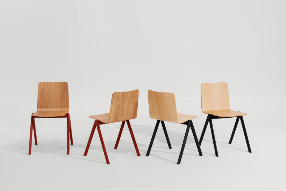 Stack stackable chair with four-legs base in polypropylene with shell in wood MIDJ
