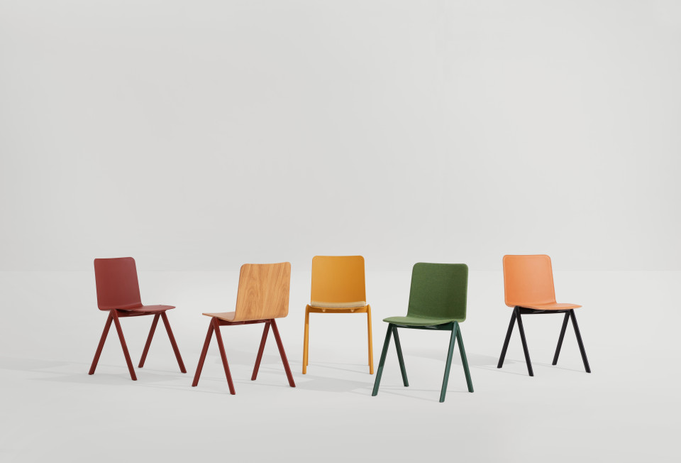 Stack stackable chair with four-legs base in polypropylene with shell in wood MIDJ