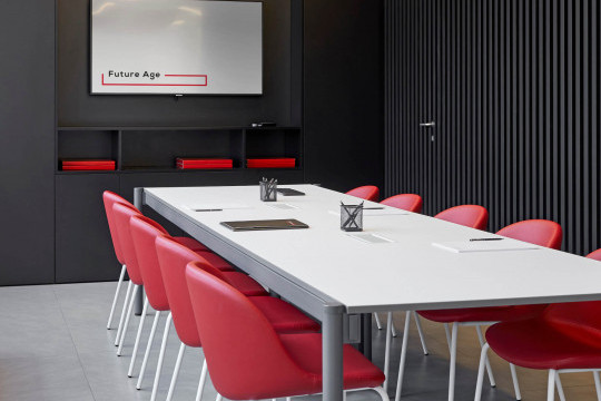 Sonny office chairs with four-legs base in white steel and red faux leather